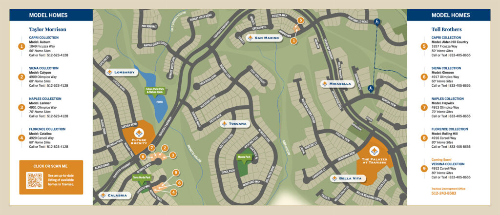 map of the new luxury model homes at Travisso in Leander, TX