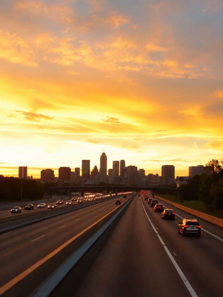 Austin skyline with sunset sky and cityscape background.