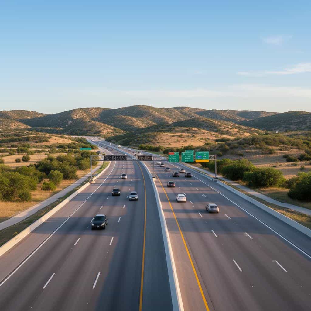 Highway in Texas Hill Country with rolling hills and clear skies, showcasing scenic views and open r.