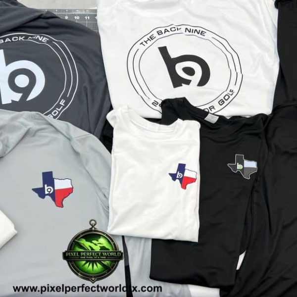 Travisso branded T-shirts with Texas and Texas Tech logos displayed.